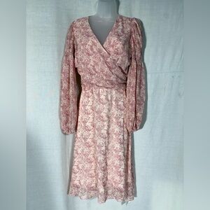 Anne Klein Pink Floral Long Sleeve top wrap Dress Size Large